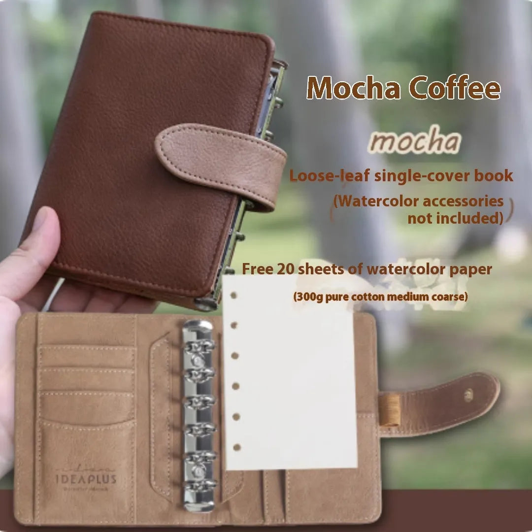 A7 loose-leaf watercolour notebook in avocado green, hazelnut brown, mango pudding, mocha coffee or rainforest green.