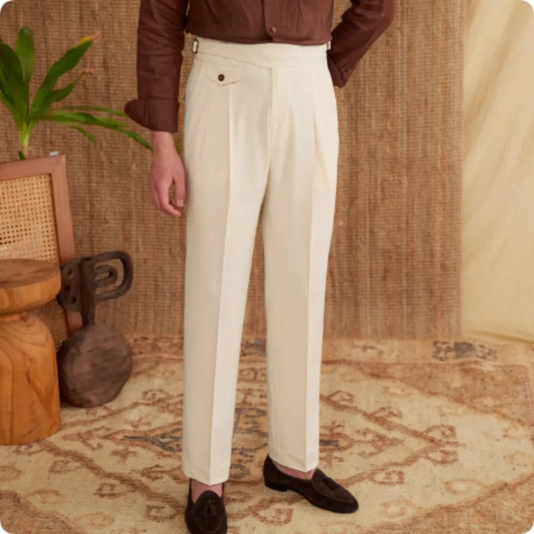 Men's slim fit straight leg trousers in dark grey, light brown and light apricot colours