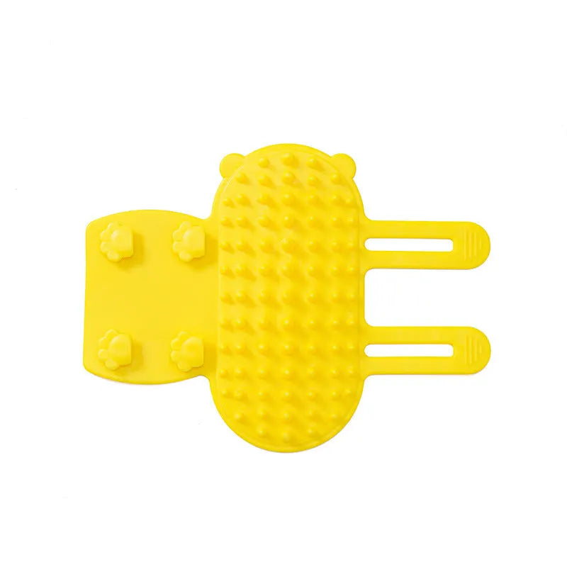 Silicone cat grooming comb with rounded teeth and adjustable strap in multiple colours