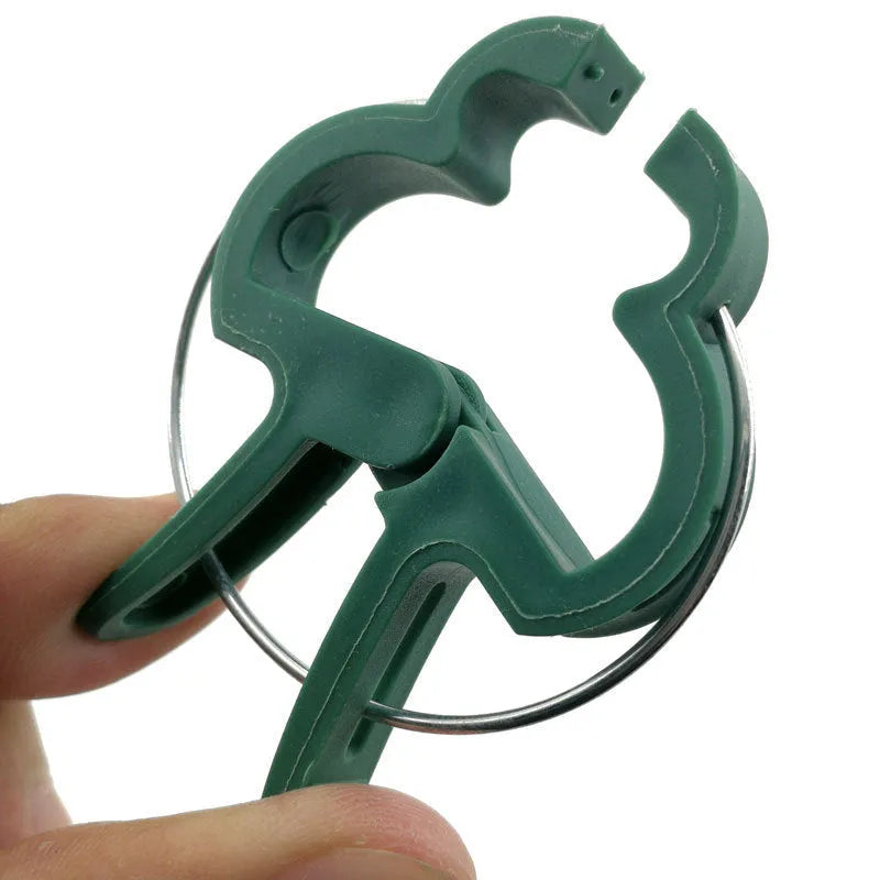 Green plastic and zinc plant fixing clips for large and small climbing plants like tomatoes and beans.