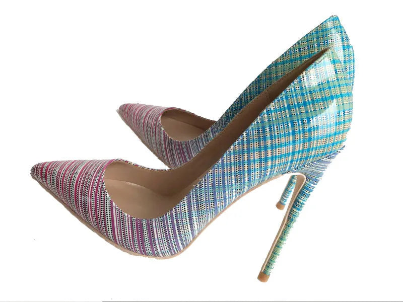Women's pink blue gradient patent leather pointed toe high heels with a choice of heel heights on a rubber sole.