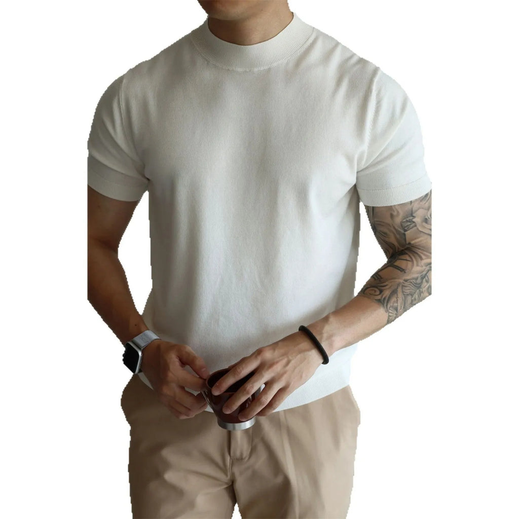 Men's slim-fit solid colour knit t-shirt for commuting in breathable polyester.