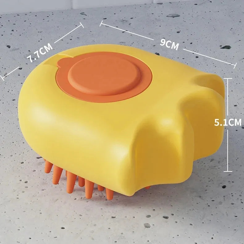 Pet bath brush with shampoo compartment in blue, orange or yellow colours