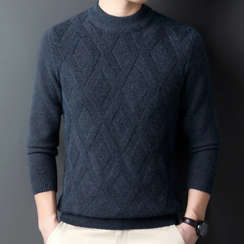 Men's thick winter sweater in diamond jacquard pattern, shown in light camel colour