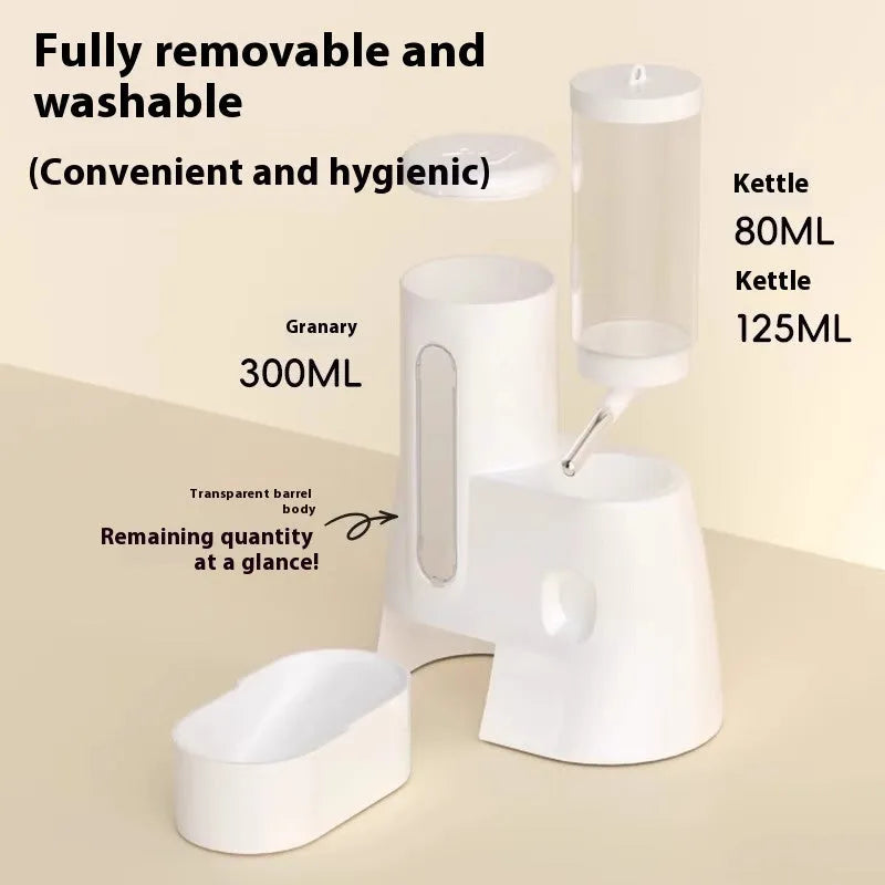 White, blue, and pink hamster automatic drinking water feeder with food basin for small pets