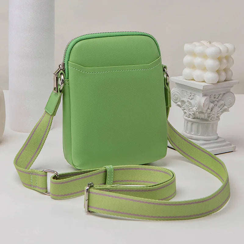 Solid colour women's crossbody phone bag in black, beige, khaki, or green.