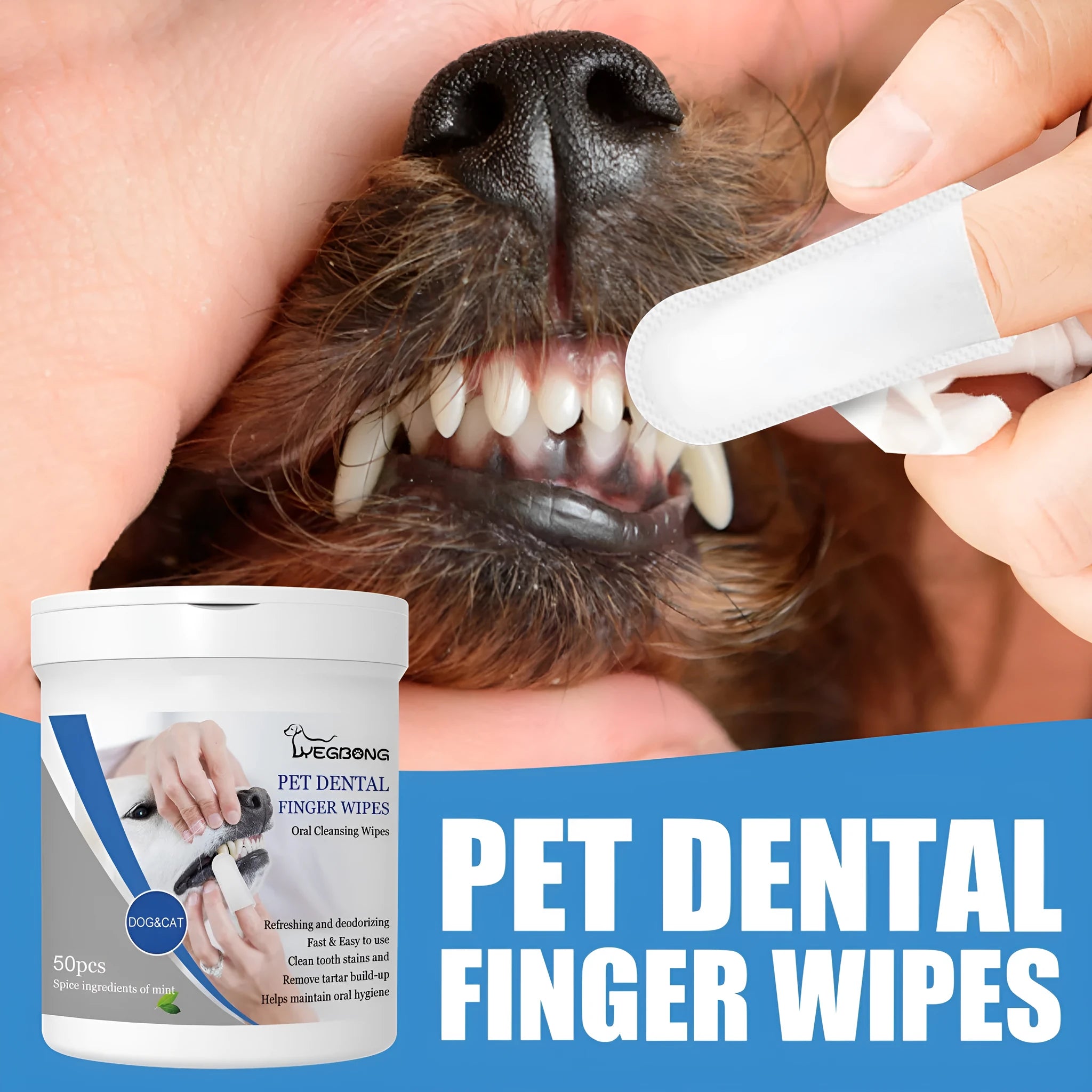 Dog dental care finger wipes with silicone finger stall, 50 pieces in canister