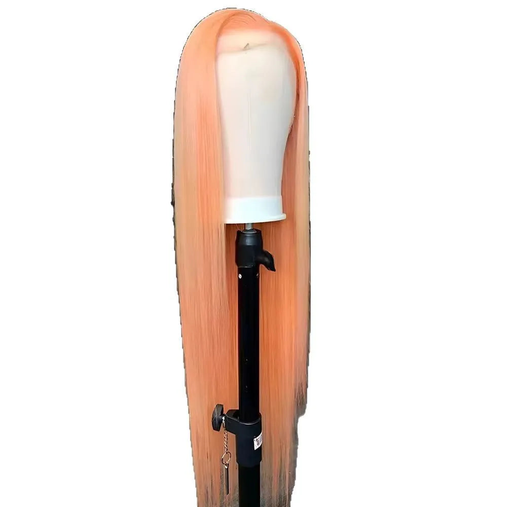 Light orange long straight synthetic wig with front lace hairline and side bangs