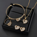 Gold-colour women's jewellery set with earrings, adjustable necklace and bracelet featuring heart, water drop and bell charms.
