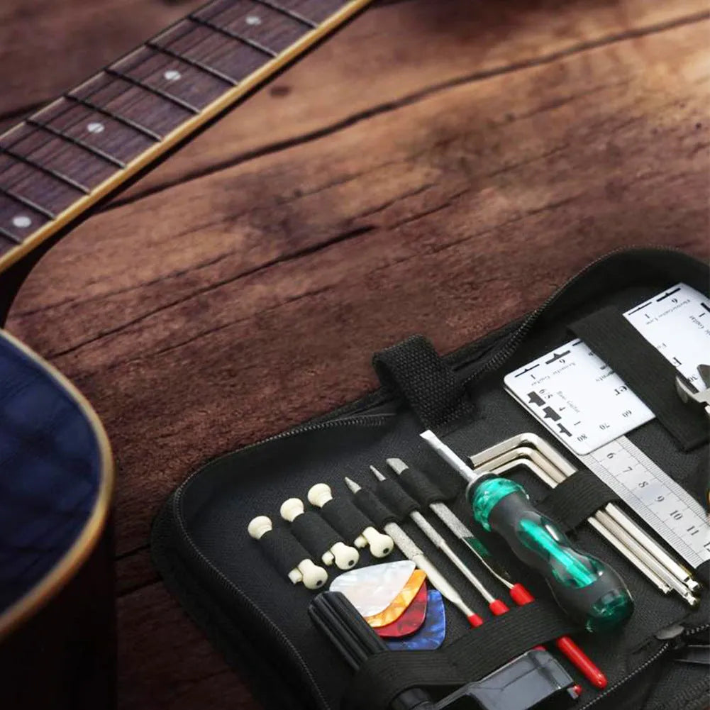 Black guitar repair tool kit for guitar bass mandolin banjo, case size 200x100x45mm