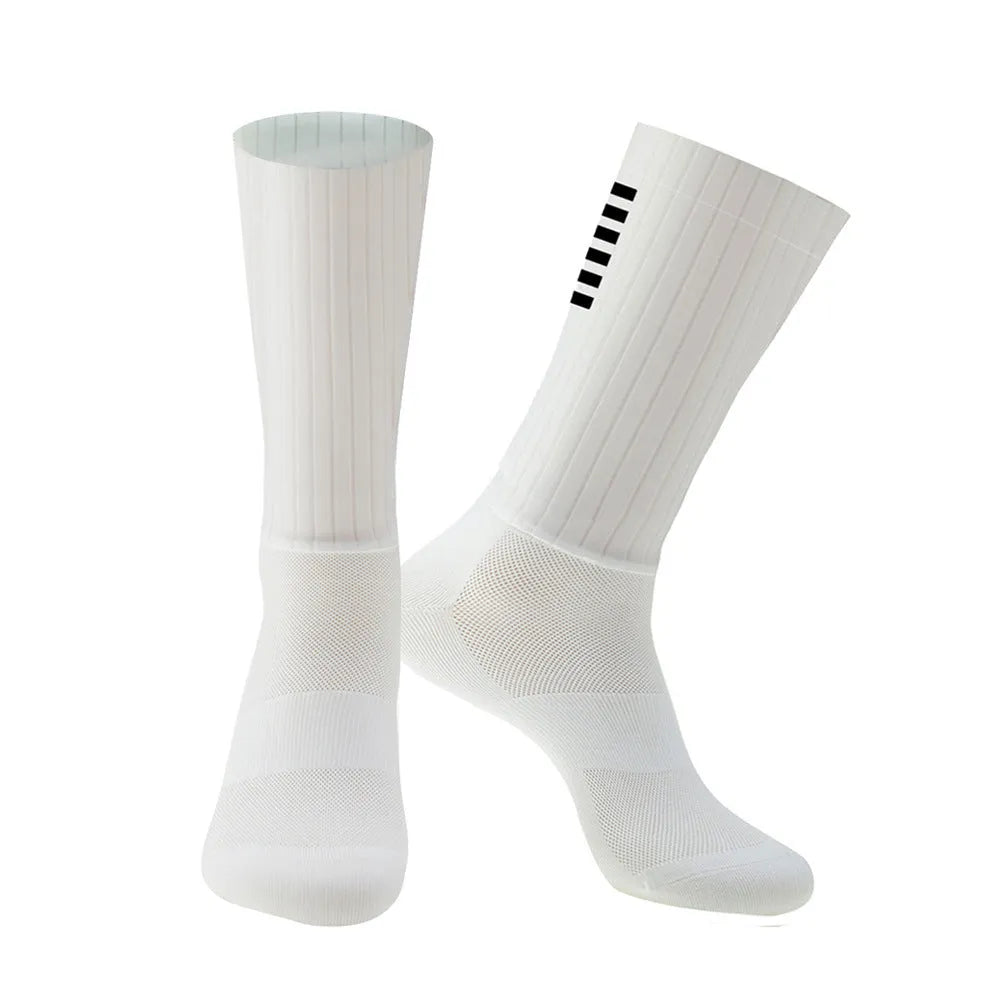 A pair of breathable athletic cycling socks in a chemical fibre blend, shown in one of six available colours.