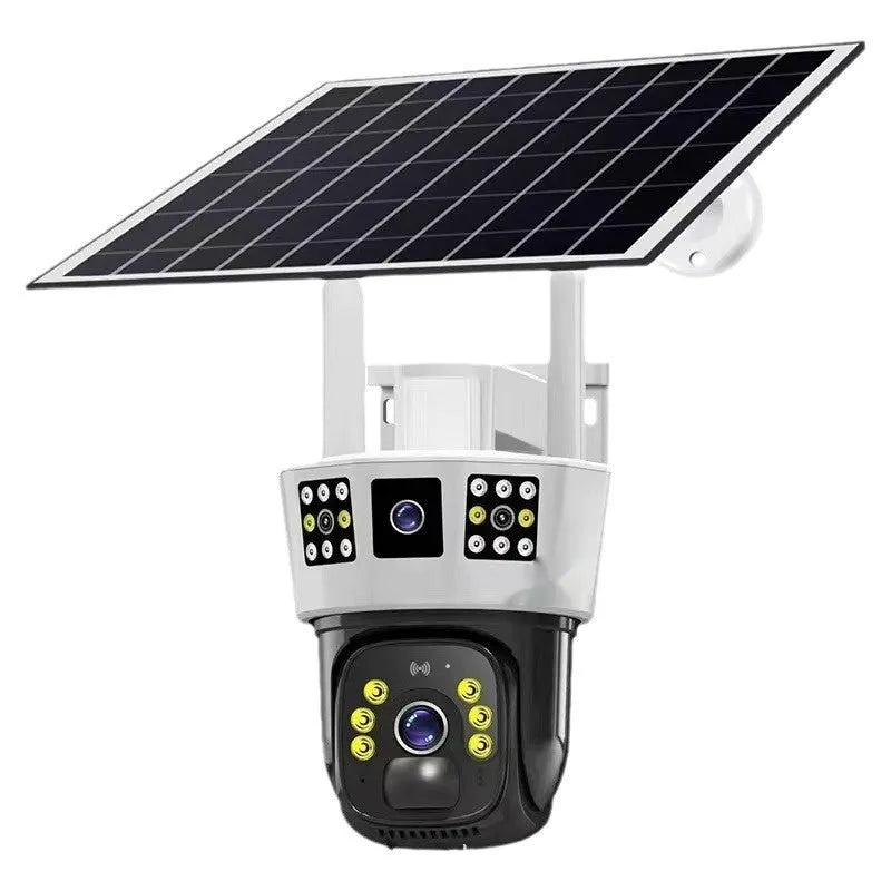 Solar binocular three-screen surveillance camera with solar panel and dual connectivity options