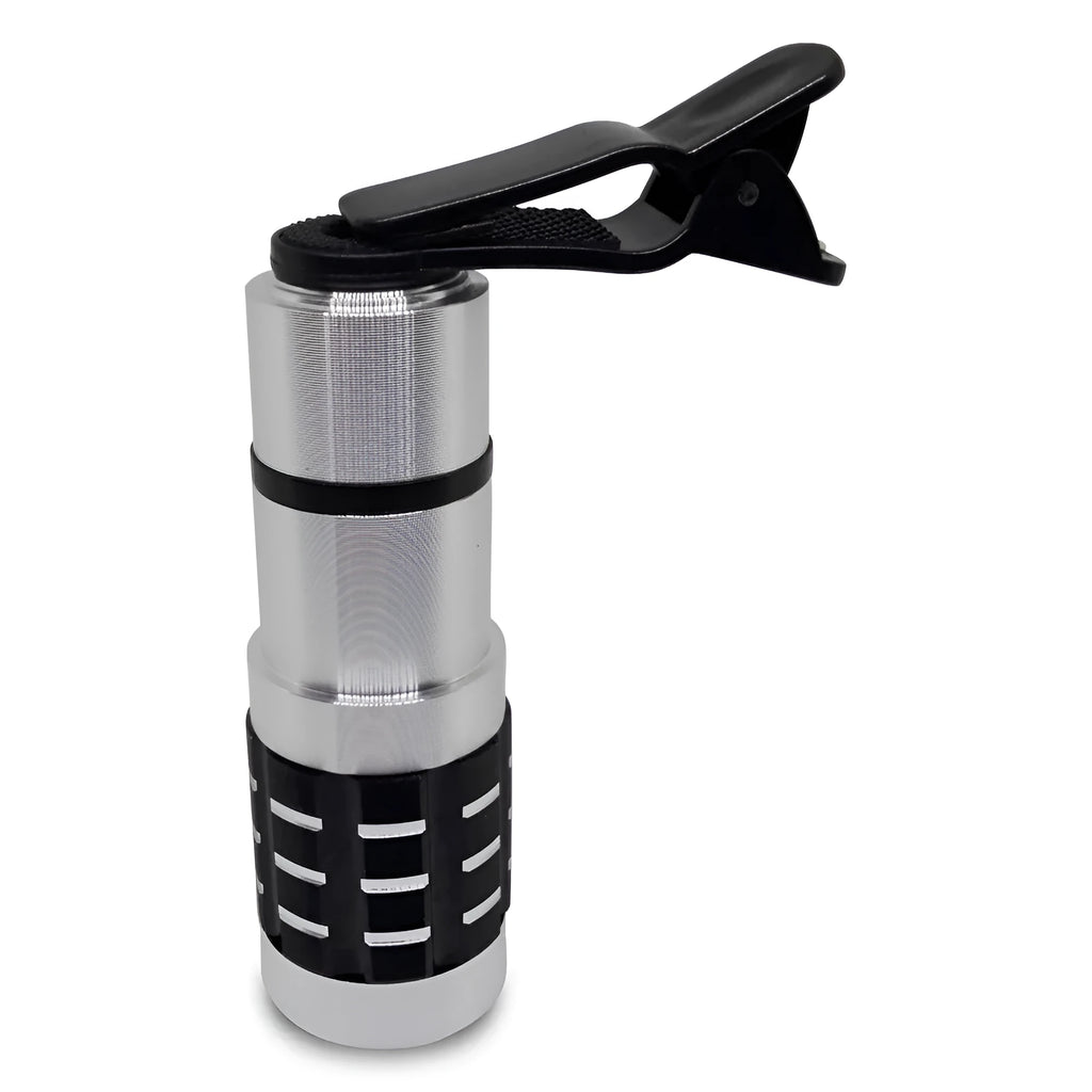 Silver telescopic phone camera lens with clip attachment for smartphones