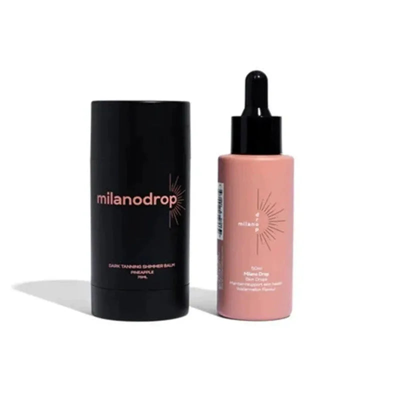 Matte sun tanning black liquid set showing 50ml tanning drops bottle and 75ml tanning flash cream tube.