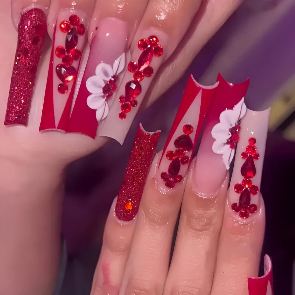 Sweet Flowers pattern removable false nails with red diamond accents in Long European Square shape.