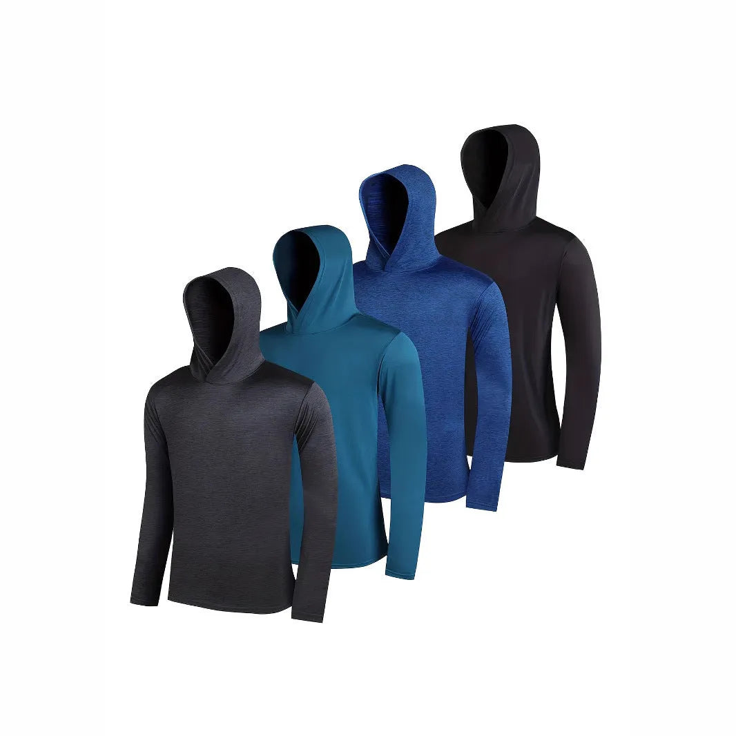 Set of four men's lightweight polyester hoodies on hangers, showing colour options and basic design.