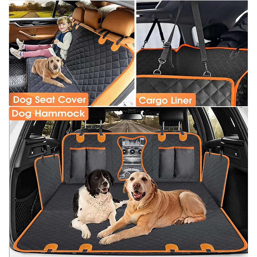 Black waterproof dog car seat cover with orange edge, shown as a hammock on a rear car seat