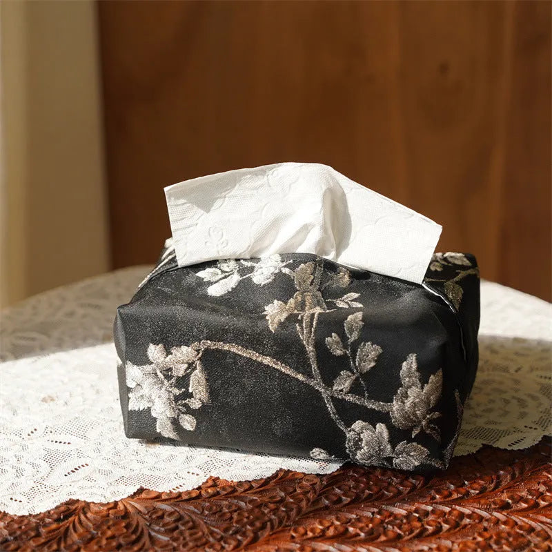 Chinese brocade fabric tissue box cover with embroidered white plum design, with and without pearl buckle options