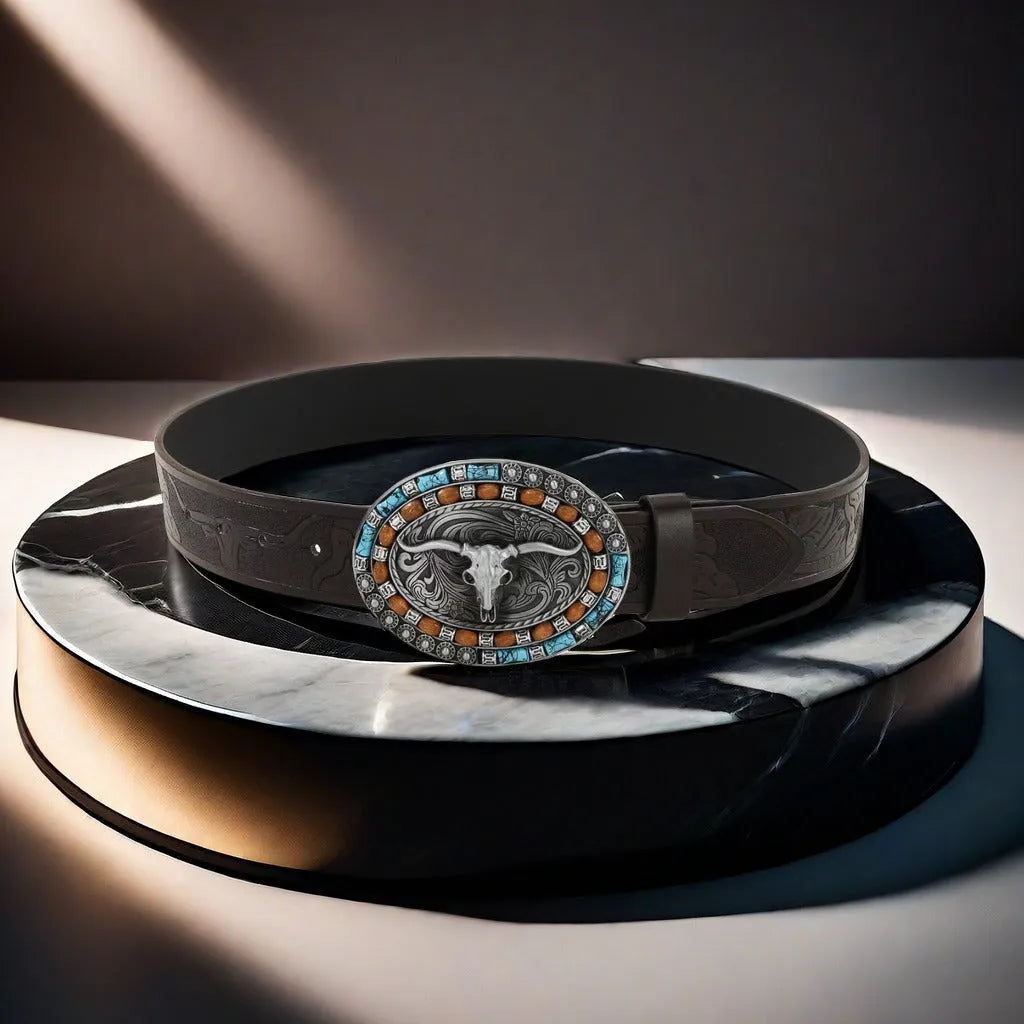 Men's belt with cow head alloy buckle in imitation leather with pin buckle fastening