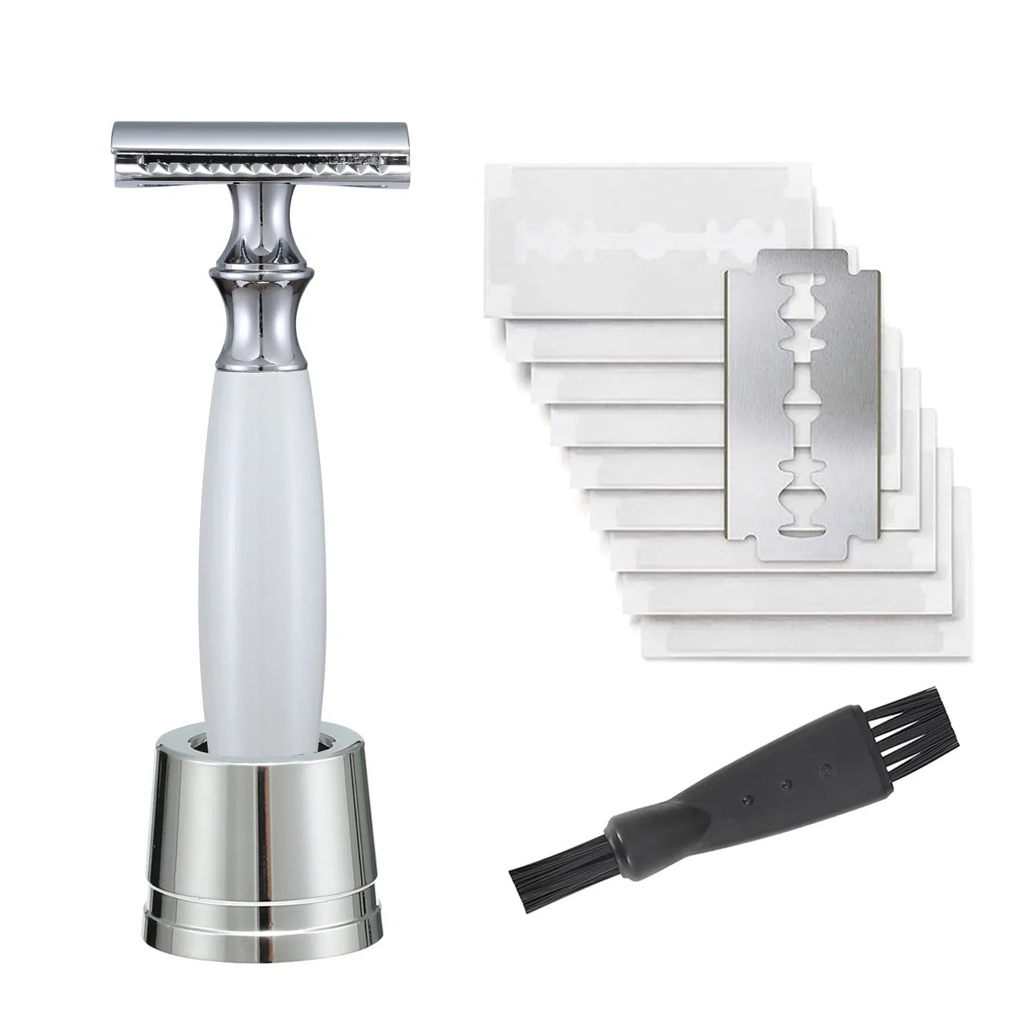 Men's copper manual safety razor with olive wood handle and metal shaving blades