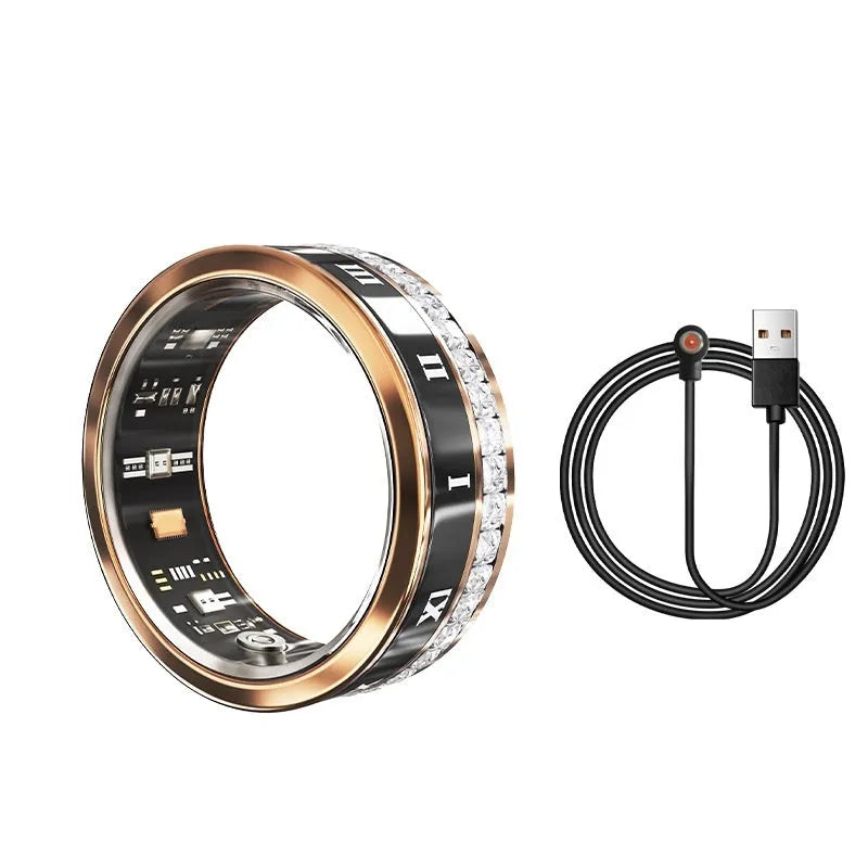 Silver and gold smart ring with diamond inlay showing blood oxygen monitoring technology