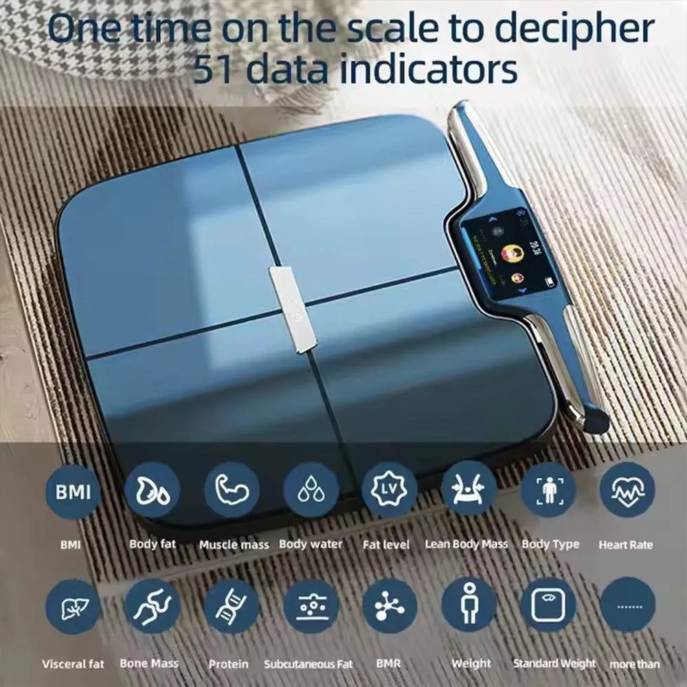 Black eight-electrode body fat smart scale on floor, showing tempered glass platform and stainless steel electrodes.