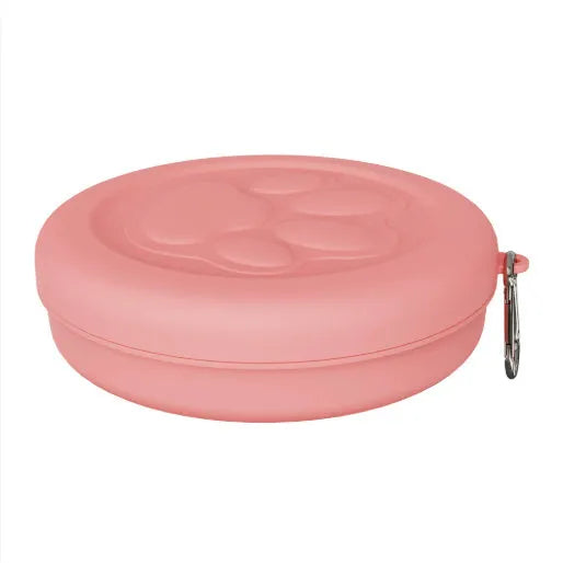 Collapsible silicone dog travel bowl in pink and green colour options