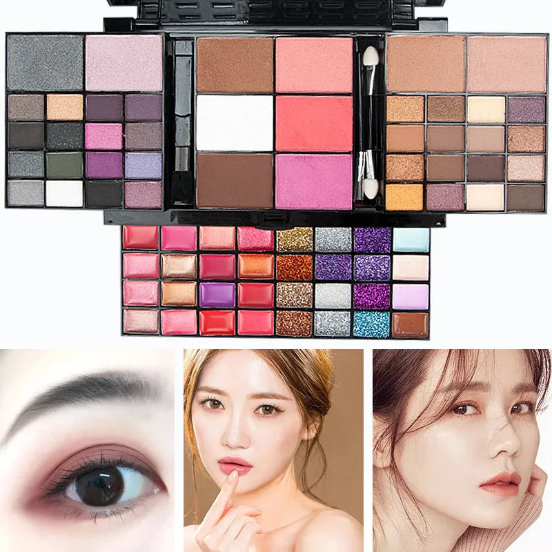 74-colour makeup palette open showing eyeshadows, lip glosses, and face powders with included brushes