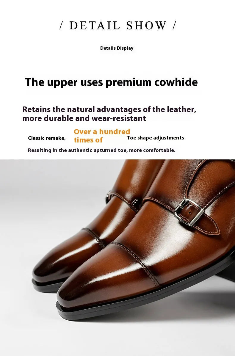 Men's black leather business shoes with square toe and rubber sole in British gentleman style