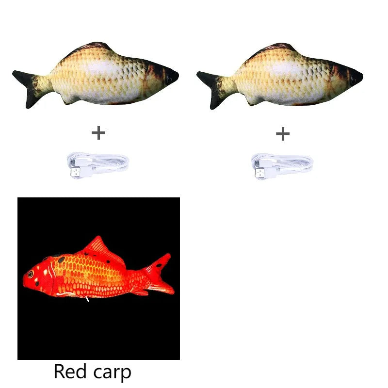 Electric jumping fish simulation cat toy showing multicolor options and USB charging cable.