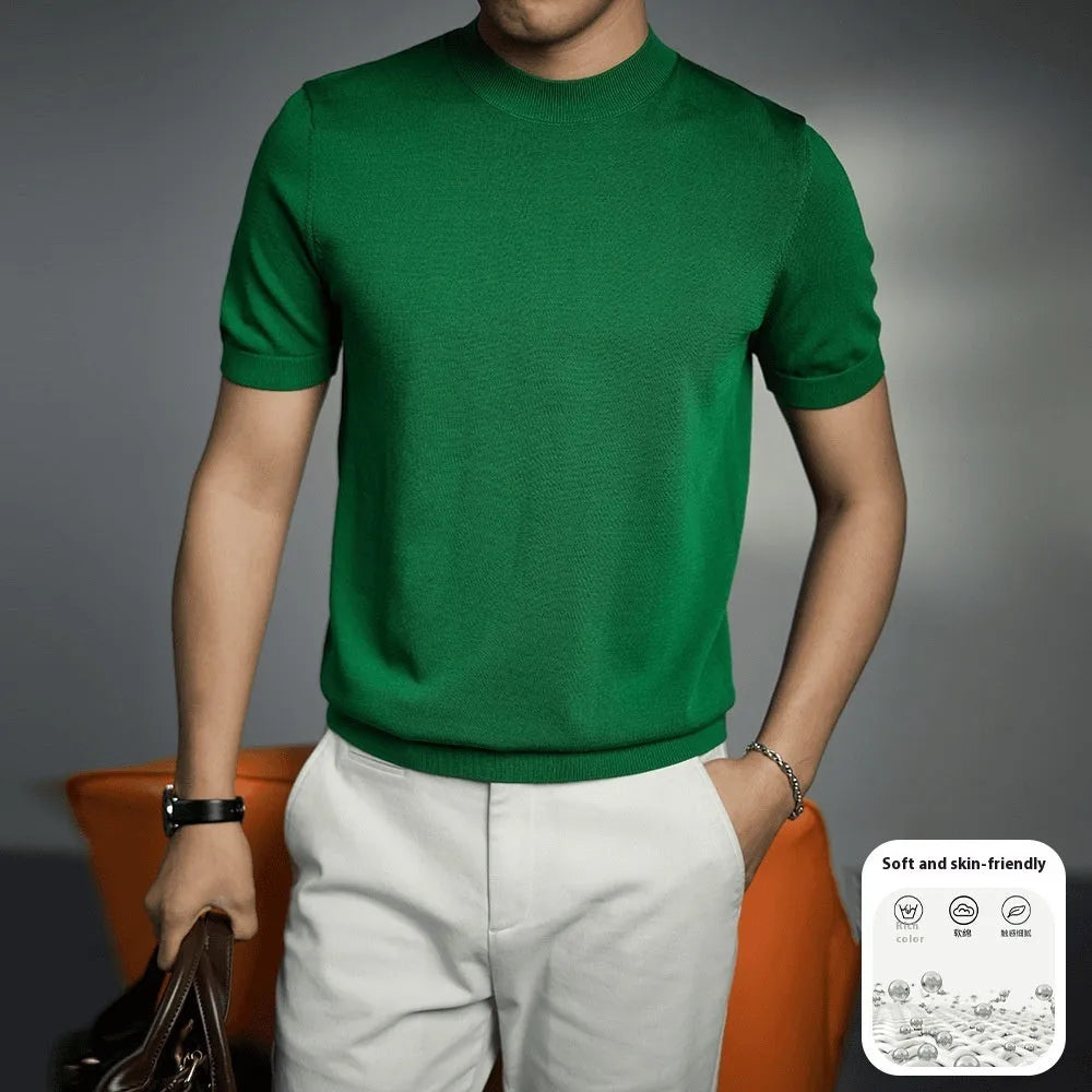 Men's knitted T-shirt in solid colours with round neck and short sleeves on size chart background