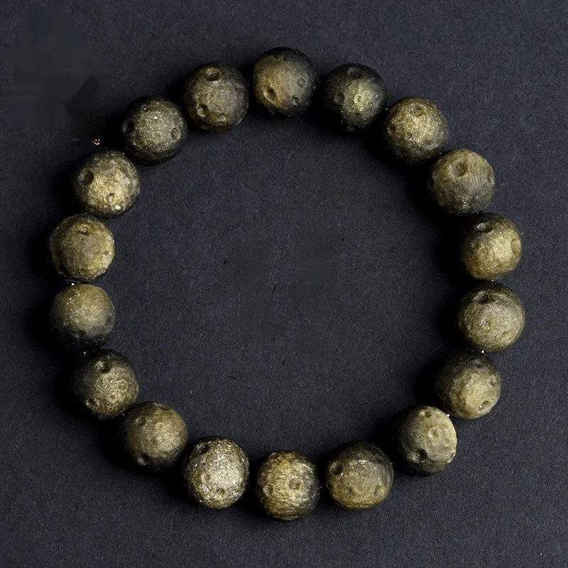 Natural obsidian crater ball bracelet with stone meteorite beads in silver or gold colour options