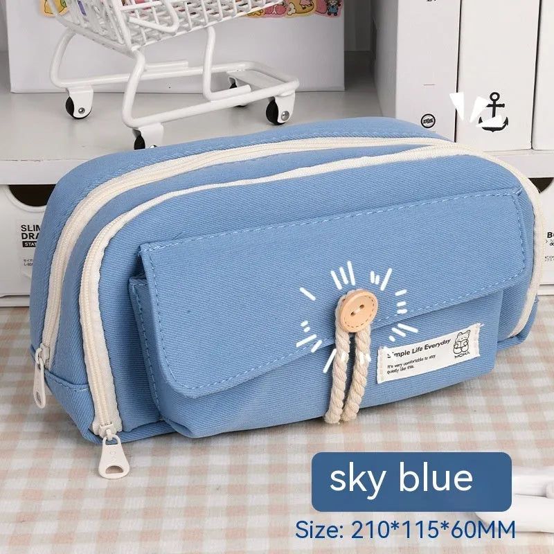 Canvas pencil case in green colour showing large capacity design for student stationery organisation