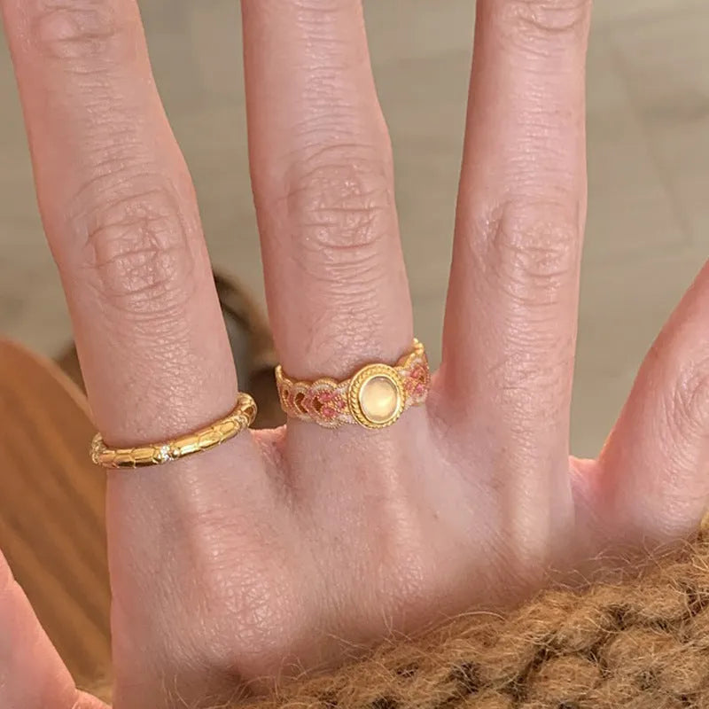 Women's copper opening ring with pink crystal enamel geometric design gold plated jewellery