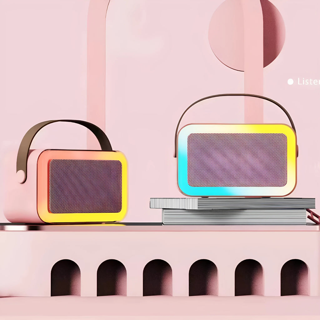 Portable bluetooth microphone speaker in white, pink, or sky blue with karaoke function