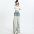 Gradient blue wide-leg straight-leg women's trousers in cotton denim fabric.