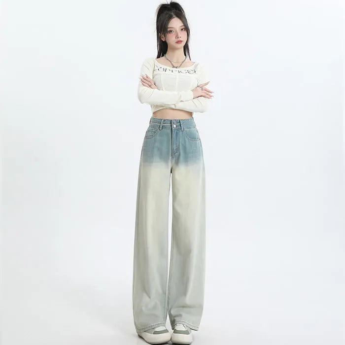 Gradient blue wide-leg straight-leg women's trousers in cotton denim fabric.