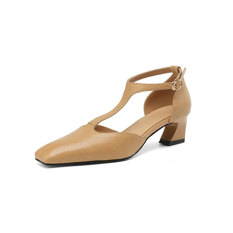 Wine red sheepskin leather shoes with square toe and chunky heel, showing buckle fastening