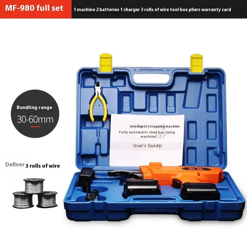 Fully automatic electric steel bar tying machine with battery on a construction site.