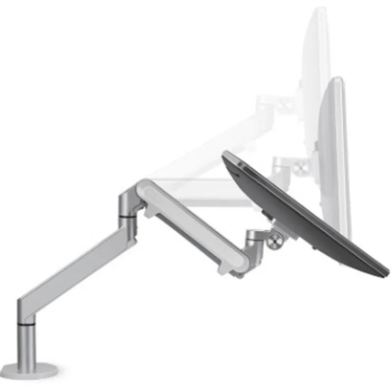 Silver aluminium alloy laptop stand with air pressure arm bracket on desktop