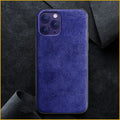 Suede iPhone case in dark blue colour showing full-cover design on an iPhone model.