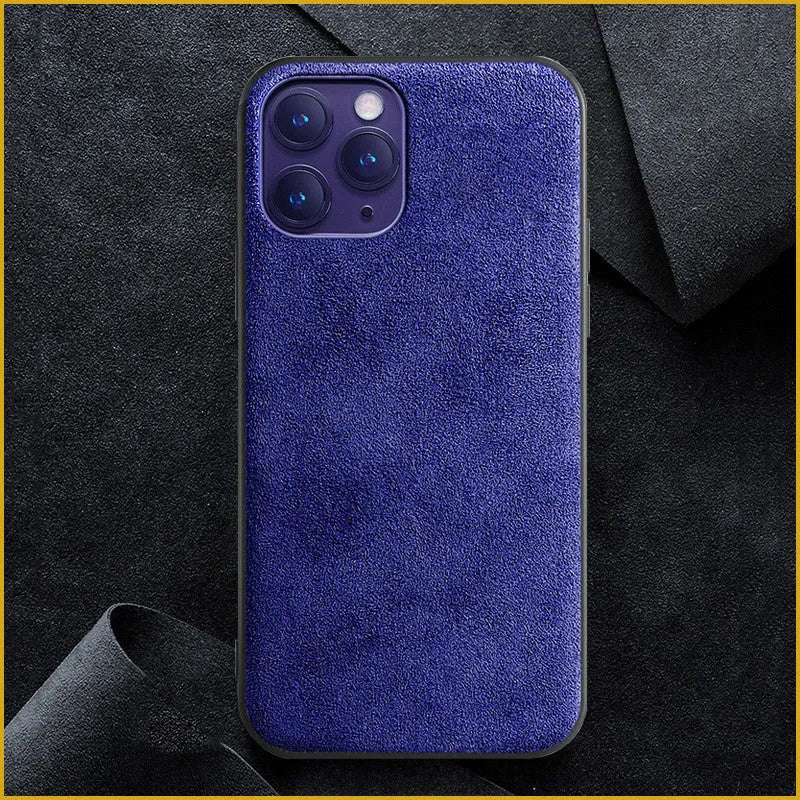 Suede iPhone case in dark blue colour showing full-cover design on an iPhone model.