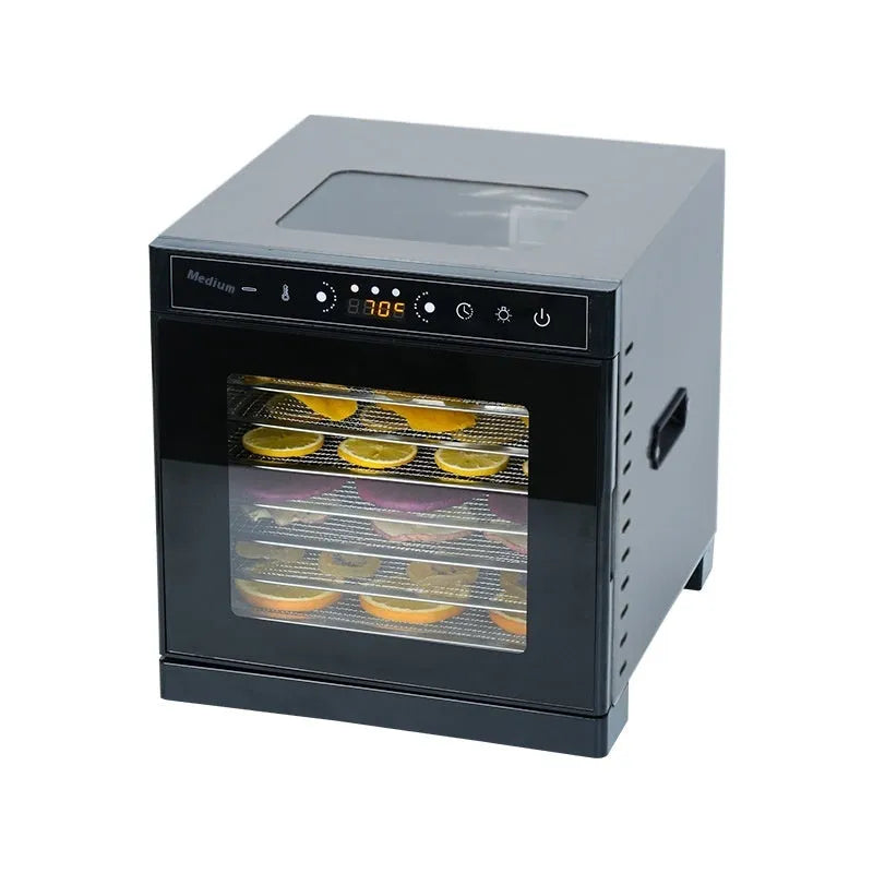 Stainless steel fruit dehydrator with transparent skylight showing drying trays inside
