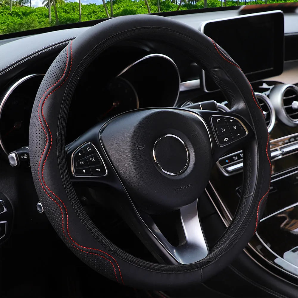 Elastic embossed corrugated PU leather steering wheel cover for 37-38cm diameter wheels in multiple colours.