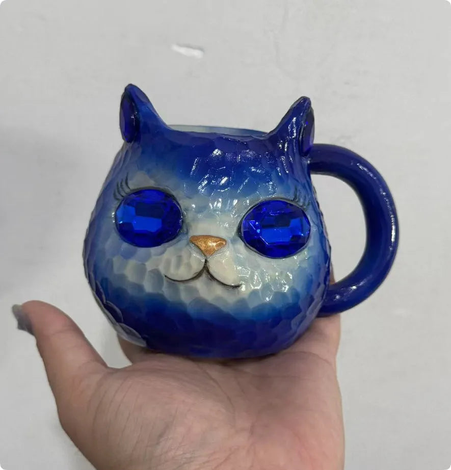 Translucent resin cat cup ornament in American style, shown in purple, green, blue, and pink colour options.