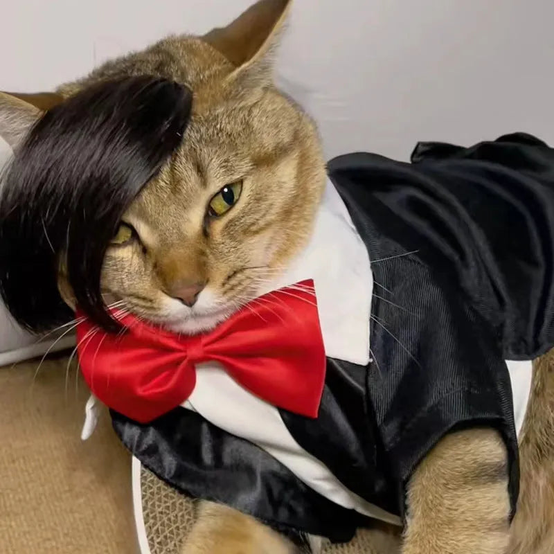 Black polyester cat wig with imitation braid for pet dress up