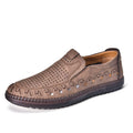 Men's brown slip-on casual shoes with round toe cap and hollowed-out sewing line detailing