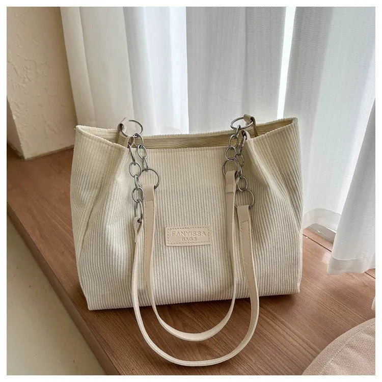 Corduroy one-shoulder tote handbag with large capacity and horizontal square design