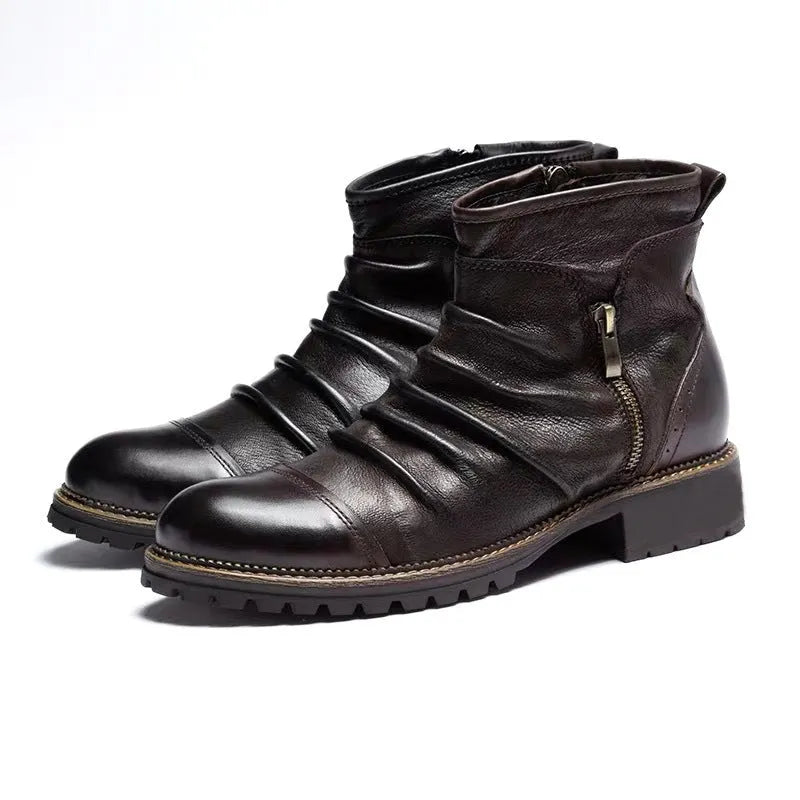 Brown mid-calf cowboy boots with a side zipper, round toe, and a medium horseshoe heel.