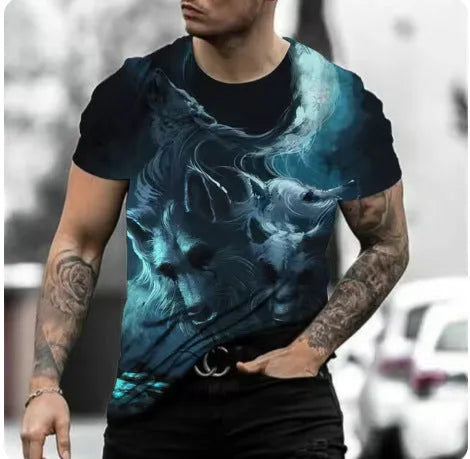 Man wearing a short-sleeved grey t-shirt with a retro 3D graphic print of a wild animal on the front.
